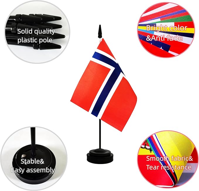 2 Pack Norway Desk Flag, Norwegian Table Office Flag with Solid Pole and Stand Base, International Country Flag, Festival Celebration, Classroom Meeting Desktop Decoration (Norway)