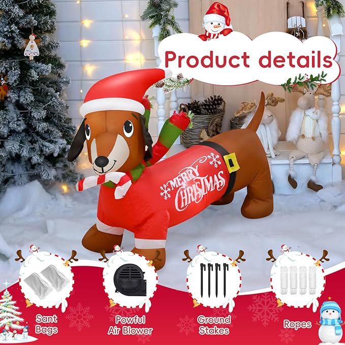 4FT Christmas Inflatable Dog Decoration with Built-in LEDs Christmas Sausage Dog Blow up Indoor Outdoor Garden Yard Lawn Party Patio Decor