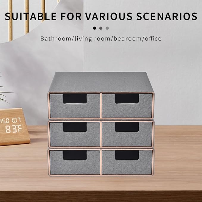 Linen Leather Desk Organizer with Drawers－Mini Desktop Drawer Organizer Stackable－Multifunctional Tabletop Organization Storage Box for Office Supplies Home Vanity Toiletries (Grey, 2-drawers)