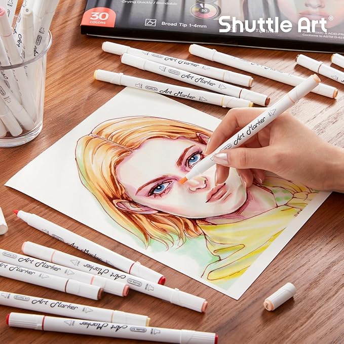 Shuttle Art 30 Colors Skin Tone&Hair Art Markers, Dual Tip Alcohol Based Flesh Color Marker Pen Set Contains 1 Blender Perfect for Kids & Adults Portrait,Comic, Anime, Manga, Illustration