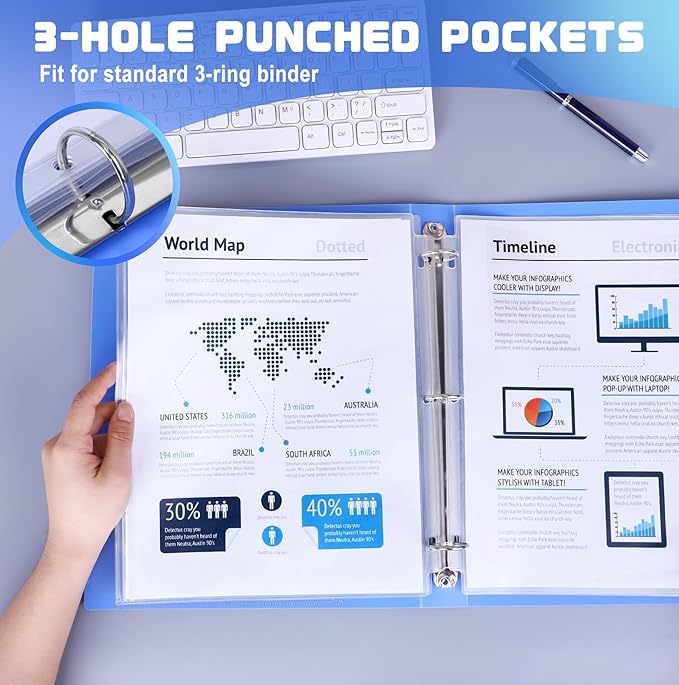 Antner 10 Pack Letter Size Binder Pockets 3 Ring Binder Zipper Pouch, 3-Hole Waterproof Resealable Zip Loose Leaf Insert Bags PVC Document Organizer Folders Page Sheet Protectors for 8.5x11 Paper