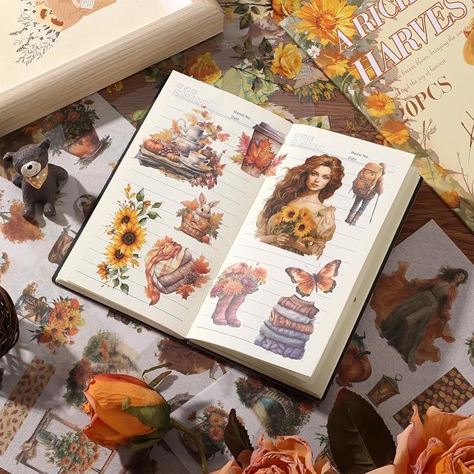 Scrapbook Stickers 20 Sheets 240 Pre-Cut Washi Stickers for Journaling PET Transparent Book Sticker Sunflower Sticker Decorative or DIY Paper Crafts, Arts and Crafting Projects