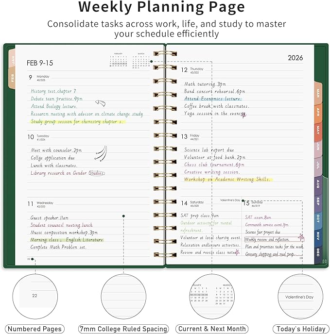 RETTACY 2026 Planner, Weekly and Monthly, Medium Size (5.7" x 8.3"), Jan - Dec 2026, Agenda, Calendar, 12 Month Tabs, Flexible Plastic Cover, 100 GSM Thick Paper, Spiral-bound (Dark Green)
