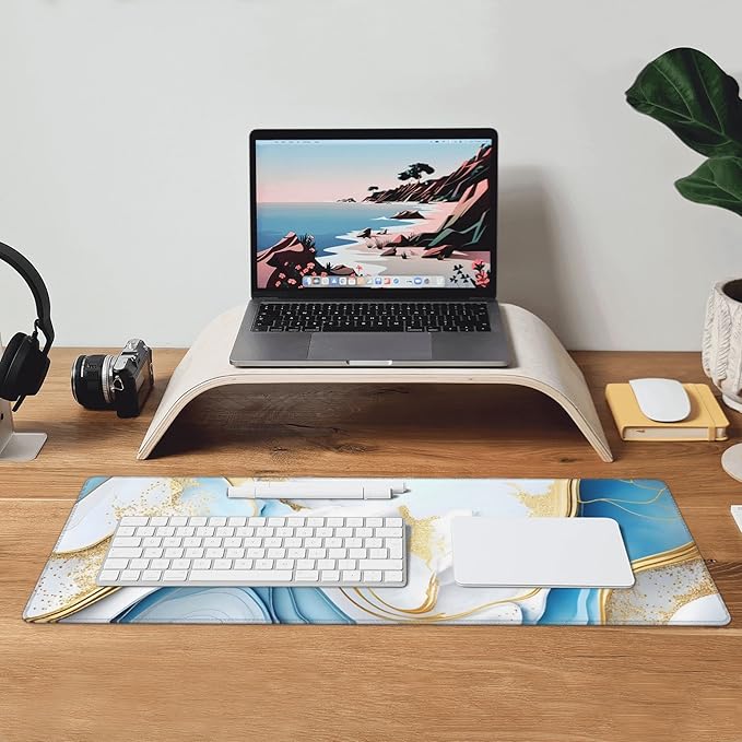 Swirl of Blue Gold Marble Extended Big Mouse Pad Large,XL Gaming Mouse Pad Desk Pad,31.5x11.8inch Long Computer Keyboard Mouse Mat Mousepad with 3mm Non-Slip Base for Home Office Work