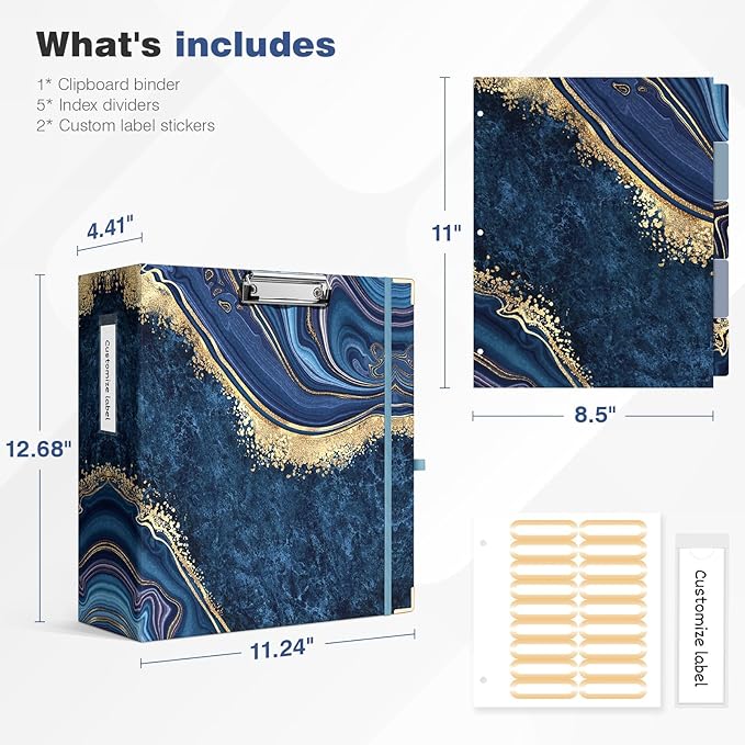 Ospelelf 3 Ring Binder for Letter Size Paper with 5 Tab Dividers, 3 Inch Ring, 4.4 Inch Spine, Blue Large Binder with Clip for School and Office Supplies