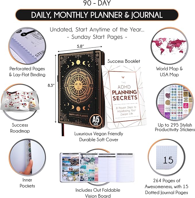 Adhd Daily Planner - A Self Care Personal Gratitude Journal to Increase Productivity and Success in Life & Work, Weekly & Monthly Undated Planner for Women and Men, Vision Board & Organizer + Stickers