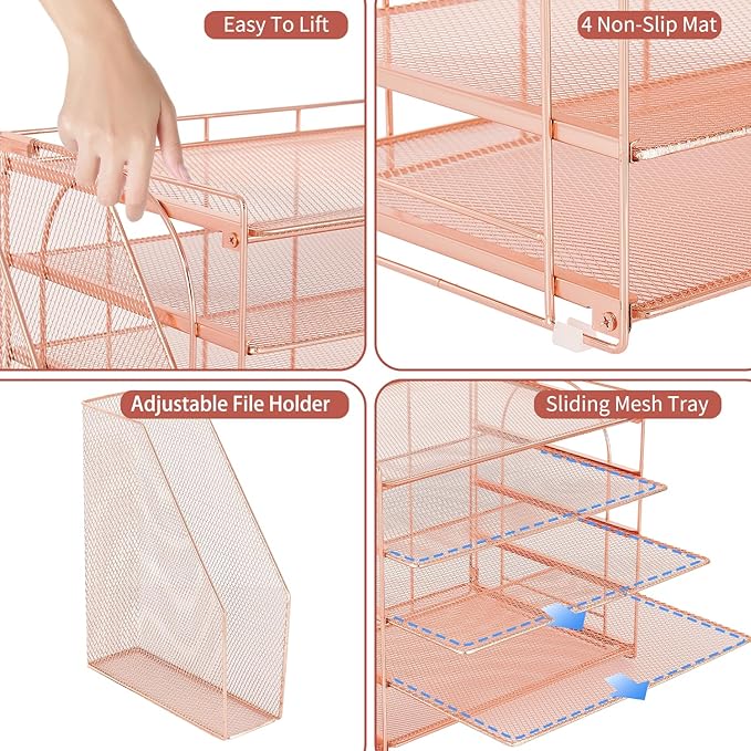 AUPSEN Rose Gold Desk Accessories Organizer,5-Tier Desktop Paper File Organizer with Adjustable File Holder, Office Desk Accessories for Office Supplies