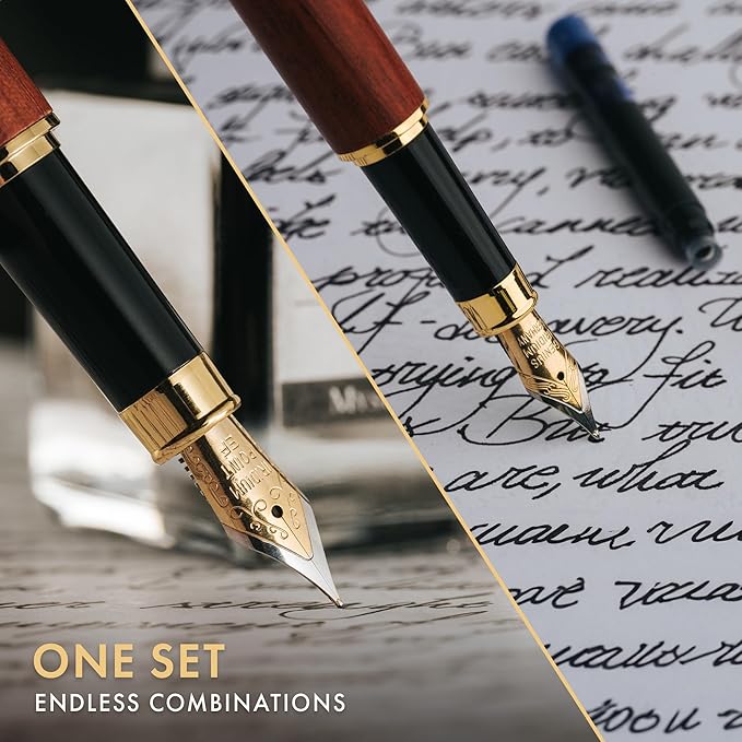 Wordsworth & Black Fountain Pen Set, Luxury Bamboo Wood - Medium Nib, Extra Fine Nib, Gift Case; 25ML Black Ink Bottle, 6 Ink Cartridges, Refill Converter - Calligraphy, Writing [Rosewood]