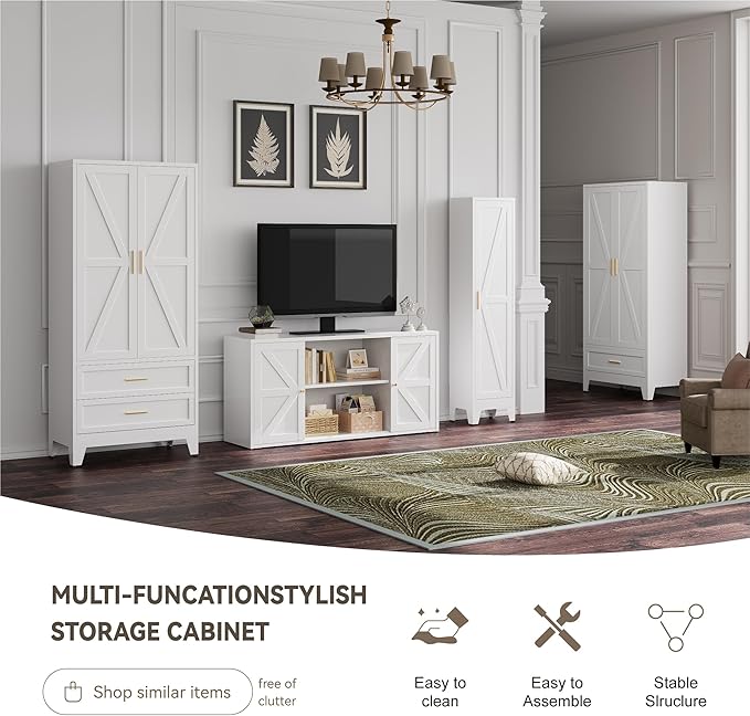 Metal Wardrobe Cabinet with Hanging Rod,71" Armoire Wardrobe Closet with 2 Drawers,Farmhouse Metal Clothing Storage Cabinets with Door and Adjustable Shelves for Bedroom,Laundry Room(White)