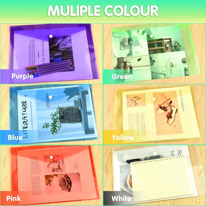 NACHLYNN 48pcs Plastic Envelopes Poly Envelopes with Snap Closure A4 Size Clear Document File Folders Organizers Assorted Color Envelope for School Office Supplies