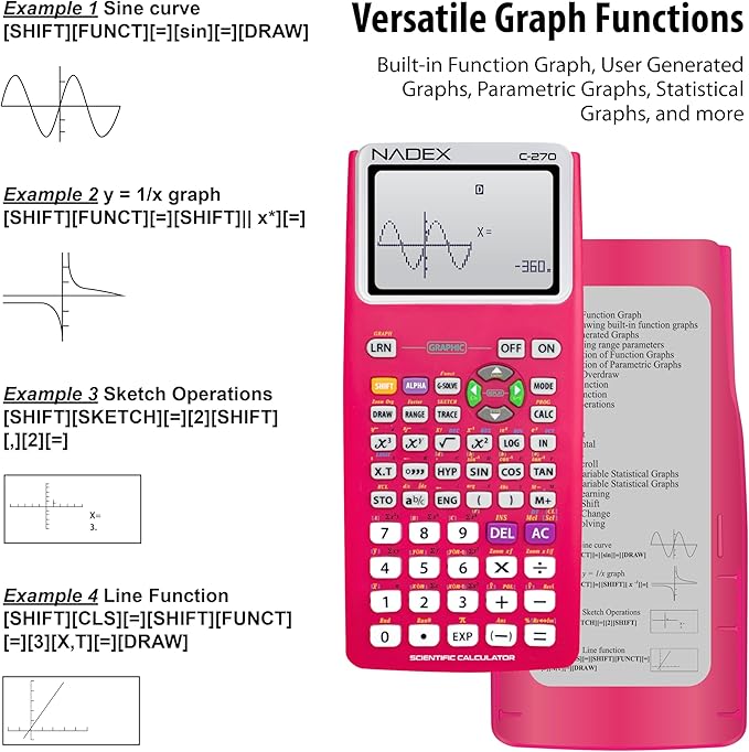 Scientific Calculator with Graphing, Includes Carrying Case, for College and High School Students, Calculus, Algebra, Geometry, Trigonometry, Statistics, Physics, Chemistry, Pink