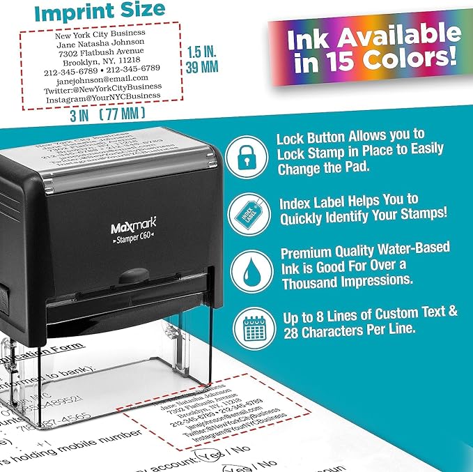 Custom Self Inking Rubber Stamp - Up to 8 Lines of Text - Choose from 15 Ink Colors - XX-Large Size