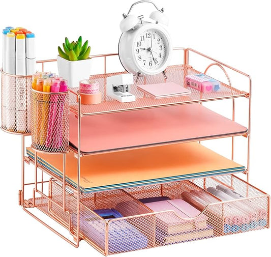 Lavatino 4-Tier Desk Paper Letter Tray Organizer for Desk Accessories & Workspace Organizers with Drawer and 2 Pen Holder for Home, School, Office Supplies Storage (Rose Gold)