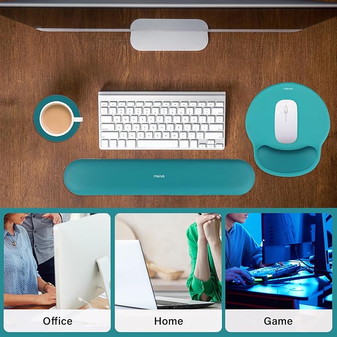MOSISO Wrist Rest Support for Mouse Pad&Keyboard Set, Circle Curved Ergonomic Mousepad&Coaster Non-Slip Base Home/Office Pain Relief&Easy Typing Pad with Soft Cloth&Silicone Lining, Teal Green