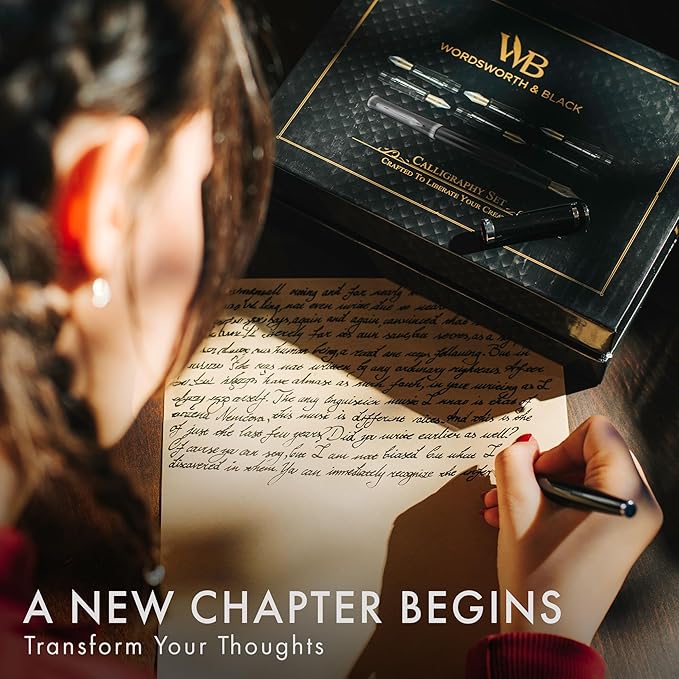 Wordsworth & Black Calligraphy Pen Gift Set, Includes Bottle, 6 Cartridges, Refill Converter, 6 Replacement Nibs, Premium Package, Journaling, Smooth Writing Pens [Black Chrome]