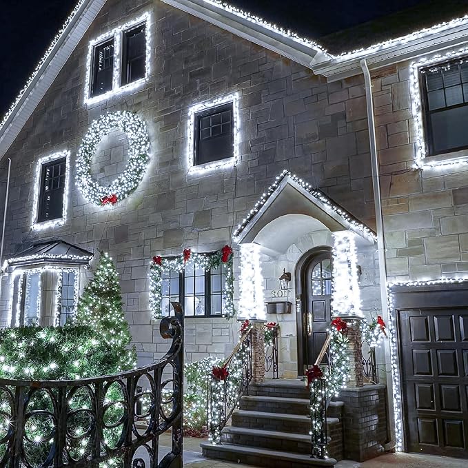 2 Pack Christmas Lights Outdoor, Total 200FT 600LED Christmas Tree Lights with 8 Modes Waterproof, Green Wire String Twinkle Lights for Indoor House Patio Yard Party Xmas Decorations, White