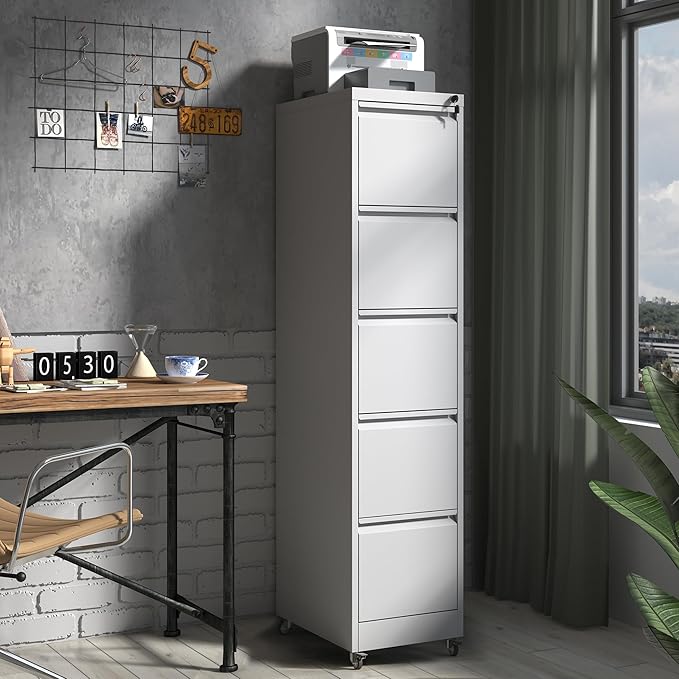 5 Drawer File Cabinet with Wheels,Metal Mobile Filing Cabinets with Lock,Vertical File Cabinet for Home Office,Heavy Duty Storage Cabinet for A4/Letter/Legal Size File,Assembly Required