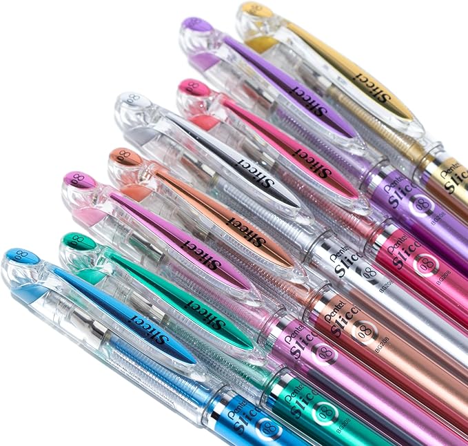 Pentel Arts Slicci Metallic 0.8 mm Needle Tip Gel Pen, Metallic Green Ink, Box of 12 (BG208-MD)