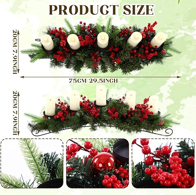 Yungyan Christmas Tabletop Centerpiece 30 Inch, Includes 5 Battery Operated LED Candle Holders, Norfolk Branch, Red Berries, Red Balls and Base, Christmas Artificial Dinner Table Decorations