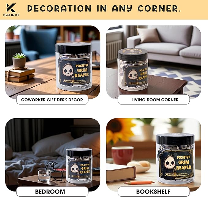 Positive Grim Reaper Jar, 60 Dark Humor, Funny, Affirmation Cards for Stress Relief & Motivation, Halloween Gifts for Friends, Coworkers, Women & Men – Quirky Birthday Gifts, Office, Secret Santa