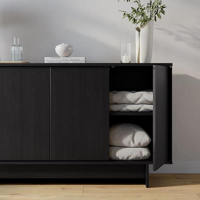 Prepac Finnley 61.5" Wide Sideboard Cabinet, Wood Entryway Sideboard with 2 Adjustable Shelves, Dining Room Buffet with 4 Doors, Living Room Accent Cabinet for Storage and Decorations, Black Oak