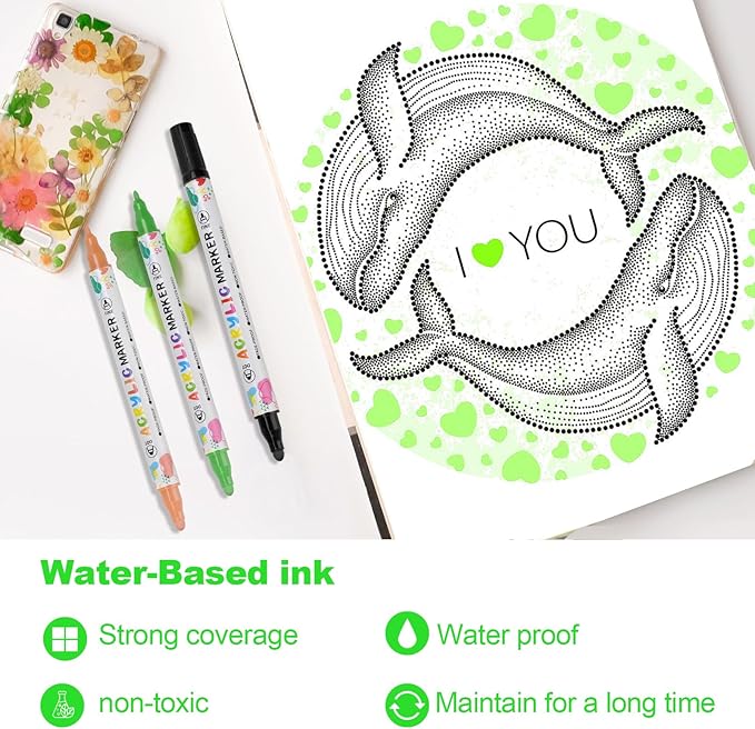 48 Colors Acrylic Paint Pens, Dual Tip Acrylic Paint Markers for Paper, Wood, Canvas, Stone, Rock Painting, Glass, Fabric, DIY, Ceramic, Art Supplies for Kids and Adults Drawing (Dot + Fine)