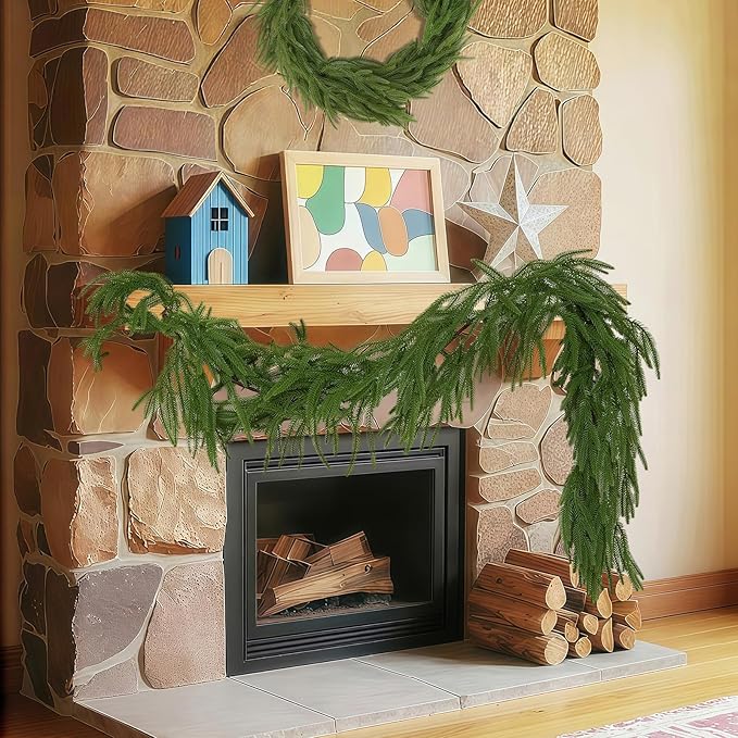 1 Pcs 9FT Christmas Garland, Christmas Decorations, Artificial Norfolk Pine Garland, Faux Greenery Garland for Mantle Fireplace Table Door Wall Upstairs Indoor Outdoor Holiday Xmas Decor