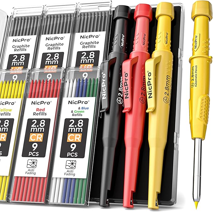 Nicpro 3 Pack CP3000 Carpenter Pencil with Sharpener, Mechanical Carpenter Pencils with 57 Refills, Construction Pencil Heavy Duty Woodworking Pencils for Architect Marking (Red, Black, Yellow)