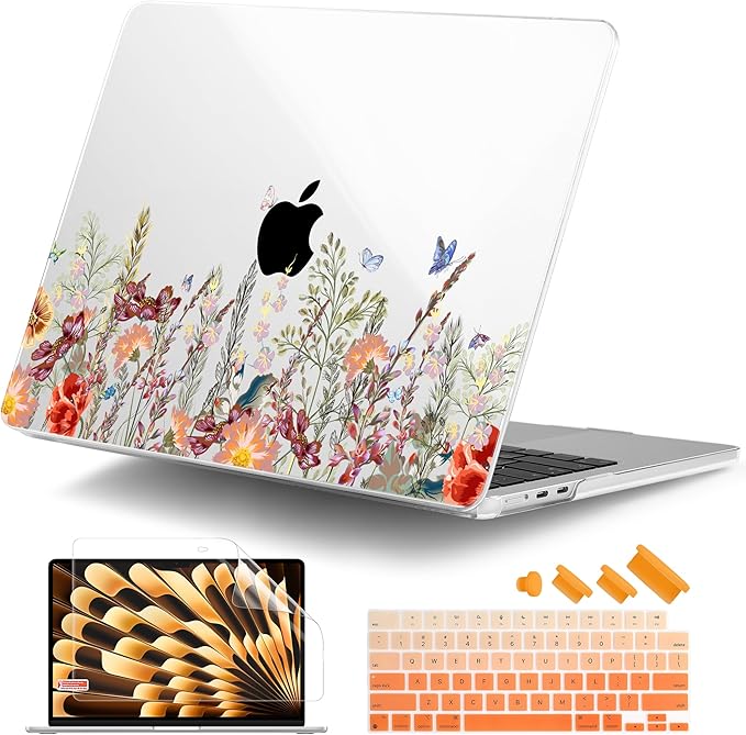 DONGKE Compatible with M4 MacBook Air 15 inch Case 2025 2024 2023 A3241 A3114 A2941 M3 M2 Liquid Retina Display Touch ID, Plastic Hard Case & Keyboard Skin & Screen Protector - Floral Illustration