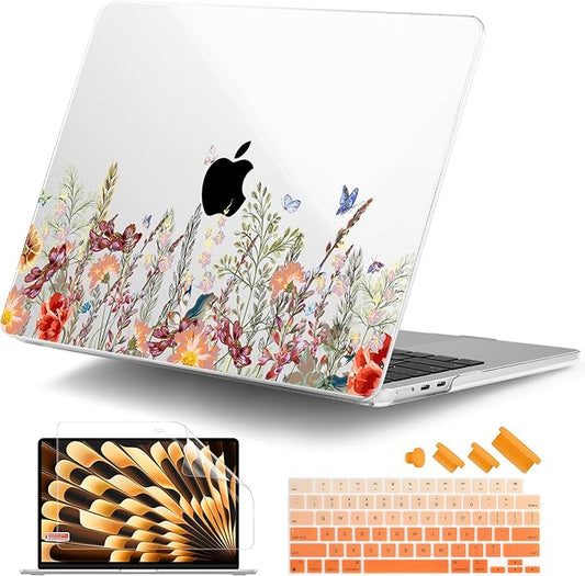 DONGKE Compatible with M4 MacBook Air 15 inch Case 2025 2024 2023 A3241 A3114 A2941 M3 M2 Liquid Retina Display Touch ID, Plastic Hard Case & Keyboard Skin & Screen Protector - Floral Illustration
