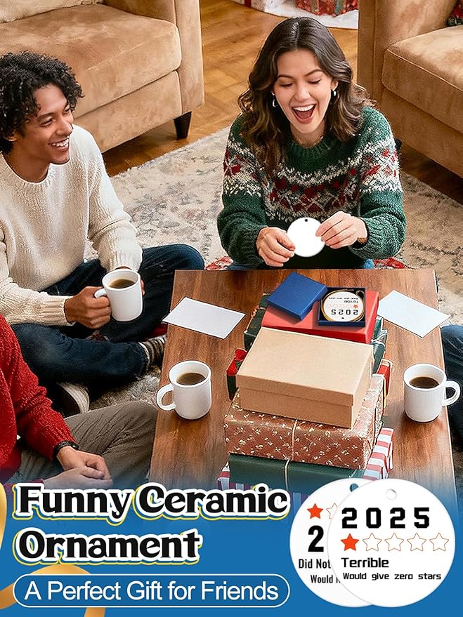 Funny Christmas Ornaments 2025 - Ceramic Hanging Tree Decorations with 1-Star Year Review Design, Gag White Elephant & Secret Santa Gifts Stocking Stuffers for Coworkers, Friends, Families