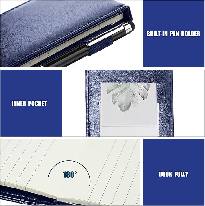 Outus 10 Pcs Pocket Notebook with Pen Set Included Mini Pocket Notepad Holder with 50 Lined Sheets, Metal Pen, 8 Pcs 3 x 5 Inch Memo Book Refills, 30 Lined Paper Per Note Pad (Blue)
