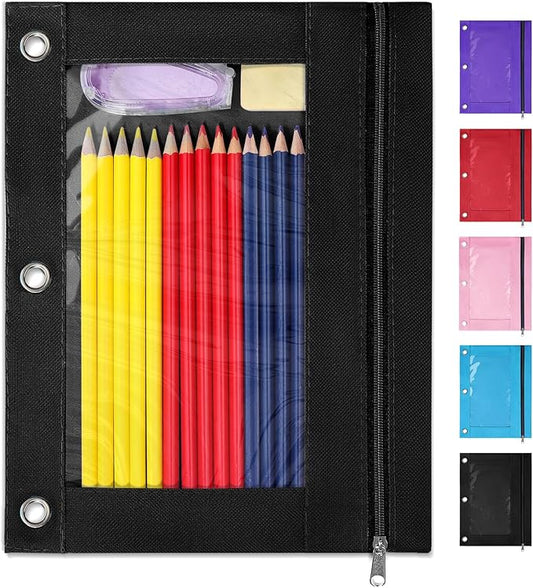SUNEE Pencil Pouch for 3 Ring Binder, Pencil Bag for Binder with Zippers, Black Pencil Case for Students Organizer, Black
