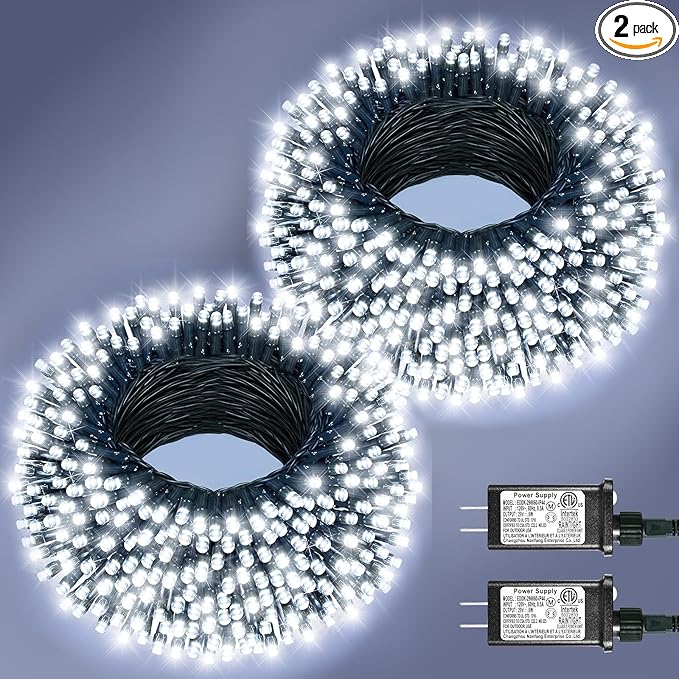 2 Pack Christmas Lights Outdoor, Total 200FT 600LED Christmas Tree Lights with 8 Modes Waterproof, Green Wire String Twinkle Lights for Indoor House Patio Yard Party Xmas Decorations, White