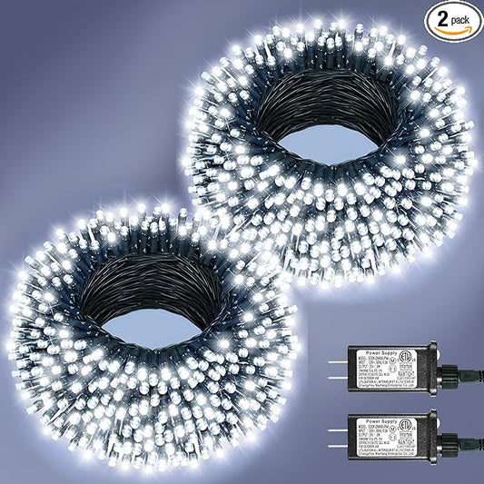 2 Pack Christmas Lights Outdoor, Total 200FT 600LED Christmas Tree Lights with 8 Modes Waterproof, Green Wire String Twinkle Lights for Indoor House Patio Yard Party Xmas Decorations, White