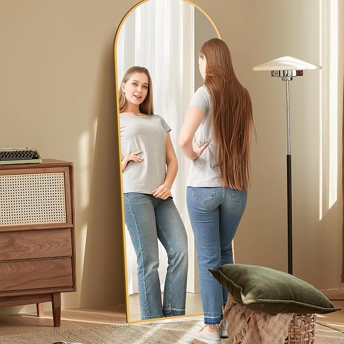 64"x21" Arched Full Length Mirror, Elegant Full Body Mirror with Stand for Bedroom & Cloakroom, Gold