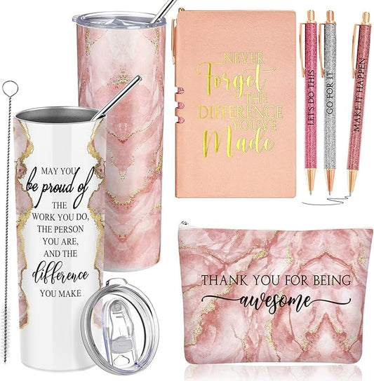 Domensi 6 Pcs Employee Appreciation Gift Set for Women Female Thank You Gift May You Be Proud 20 oz Rustic Marble Sign Tumbler Makeup Bag Journal for Teacher Nurse Lady Work Business(Pink)
