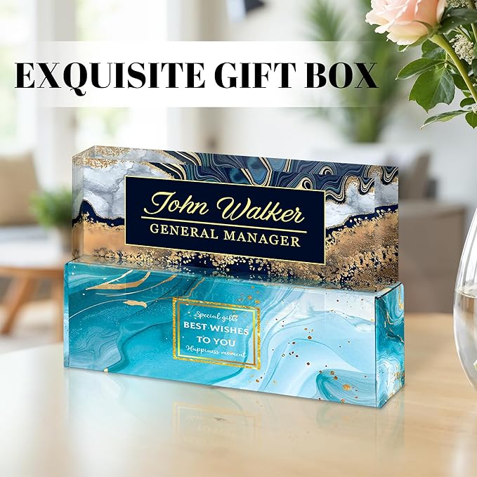 Ship Next Day Personalized Name Plate for Desk, Custom Acrylic Desk Name Sign, Office Appreciation Gifts for Women Men Coworkers Boss Teacher Employee (Navy Coast)