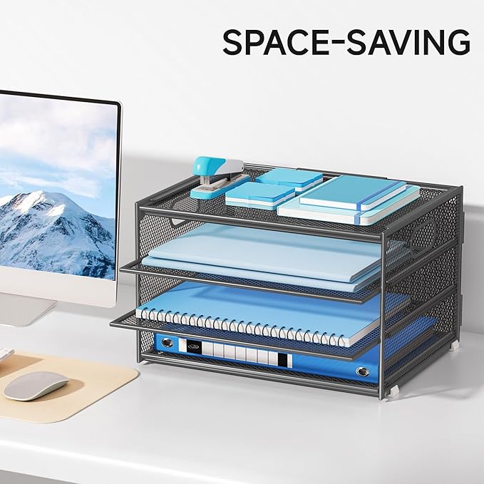 Lavatino 3-Tier Letter Tray Desk Organizer, Mesh Metal Paper File Tray Organizer for Desk, Office Supplies & Home Organization, Fits A4 Paper, Mail, Magazines & Office Accessories (Grey with Handle)