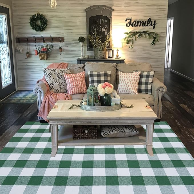 Green & White Christmas Plaid Rug, 4' x 6' Check Indoor/Outdoor Area Rug, Hello/Welcome Door Mat Layering Rug, Machine Washable Cotton Woven Rugs for Farmhouse Front Porch, Entryway