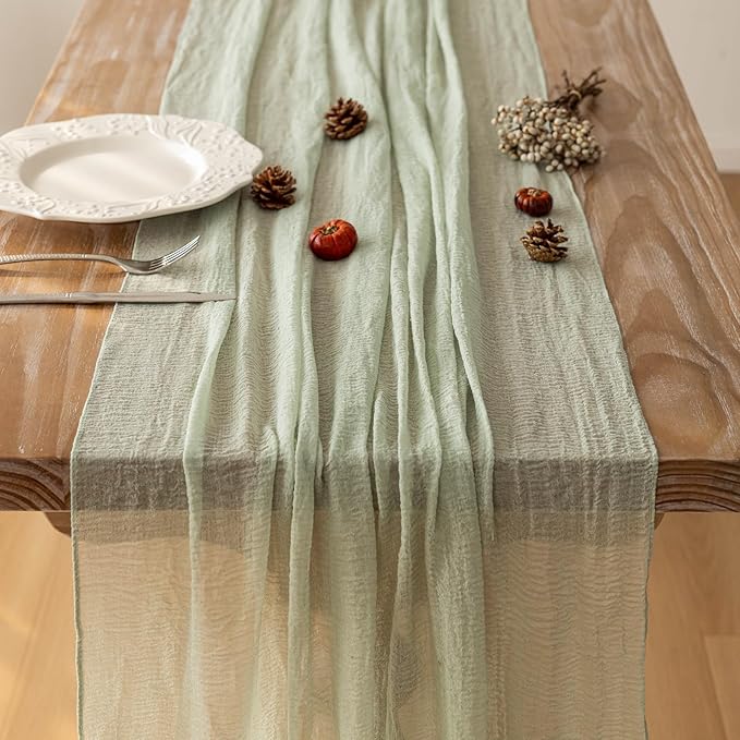 6pcs Sage Green Table Runner Cheesecloth 120 Inch 10 FT Rustic Boho Cheese Cloth Table Runner for Wedding Baby Shower Bridal Shower Sheer Gauze Centerpiece Home Decorations