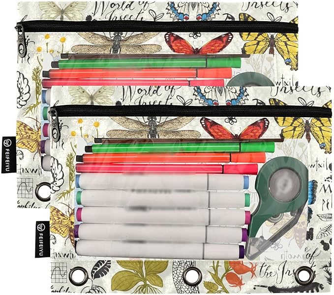 ZAZYXTJ Butterfly Moth Dragonfly Binder Pencil Pouchs 3 Ring with Zipper Clear Window Office Organizers bag for School Students Teacher Supplies 2 Pack