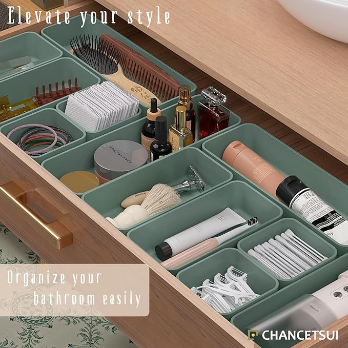 CHANCETSUI 6 PCS Stackable Drawer Organizers Set, Versatile Desk and Vanity Drawer Organizer Trays, Storage Bins for Makeup, Bathroom, Bedroom, Kitchen and Office, Green