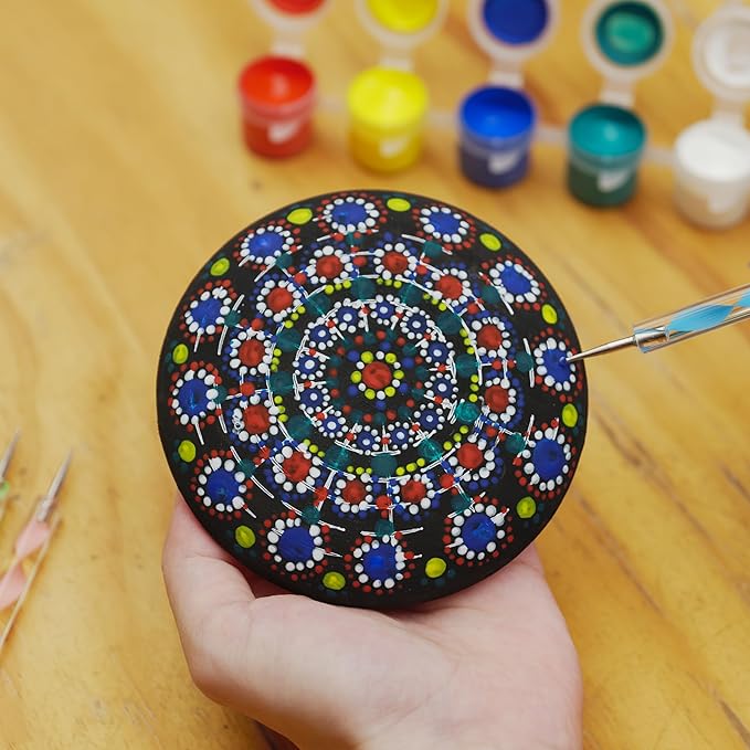 Mandala Rock Painting Kit – Mandala Dotting Tools Set - 5 Large Wooden Rocks + 6 Stencils + Acrylic Paints - Relaxing Arts and Crafts for Adults Women - DIY Hobbies Art and Projects Dot Art Kit