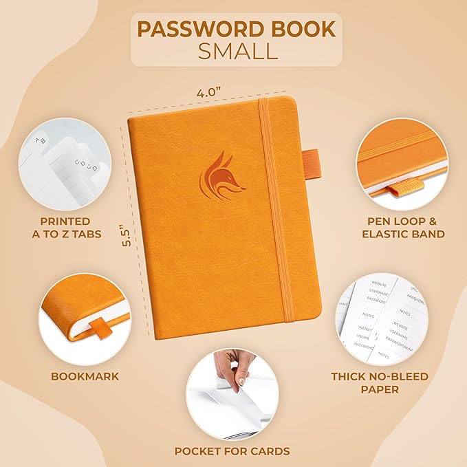 Clever Fox Password Book with alphabetical tabs. Internet Address Organizer Logbook. Small Pocket Password Keeper for Website Logins (Yellow)
