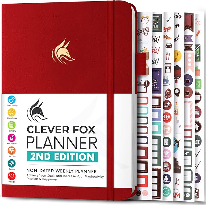 Clever Fox Planner 2nd Edition – Colorful Weekly & Monthly Goal Planner, Time Management & Productivity Organizer, Undated, A5 (Red)