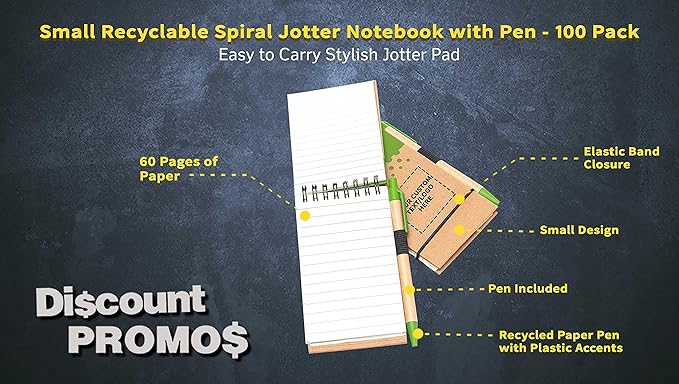 DISCOUNT PROMOS 100 Recyclable Spiral Small Notebooks Pack - Customizable Text, Logo - 60 Lined Pages - Lime Green