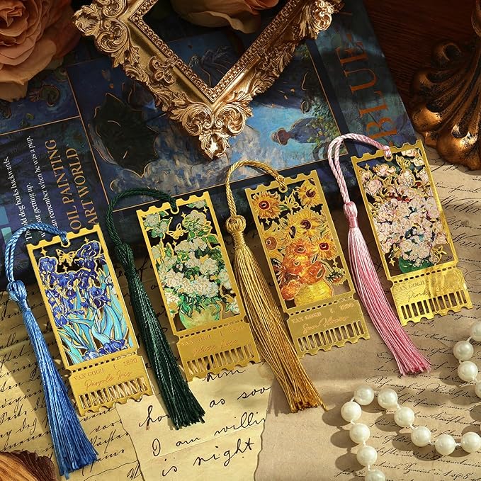 4 Pieces Metal Bookmarks with Tassel, Golden Hollow Bookmark Monet Oil Painting Theme Book Mark Bookmarks for Book Lovers Writers Readers Children Teens for Women Teen Adults