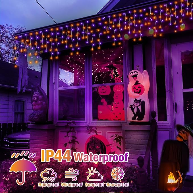 Halloween Lights, 49FT 450 LED Ice Lights with 8 Modes, Waterproof Timer Memory Hanging Light for Eaves Party Yard Garden Halloween Decor (Purple and Orange)