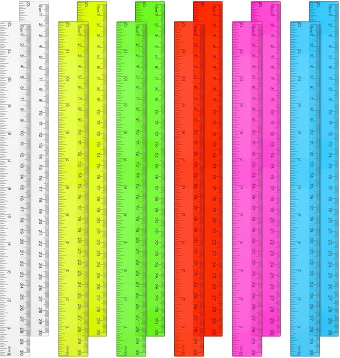 12 Pack Color Transparent Ruler Bulk 12 Inch Clear Plastic Rulers Kids Ruler with Centimeters and Inches Straight Measuring Drafting Tools for Classroom School Students Families Education